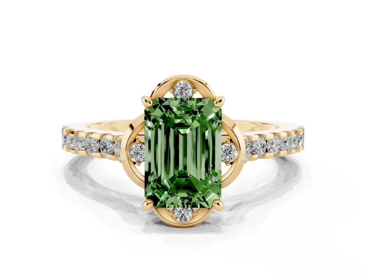 Fancy Green Emerald Cut Diamond Ring with Pavé Band and Floral Prong Setting Yellow gold