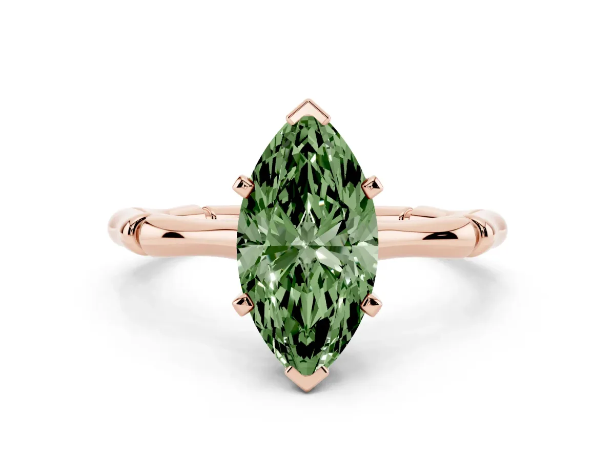 Fancy Green Marquise Cut Solitaire Diamond Ring with Bamboo Band and Four-Prong Setting Rose gold