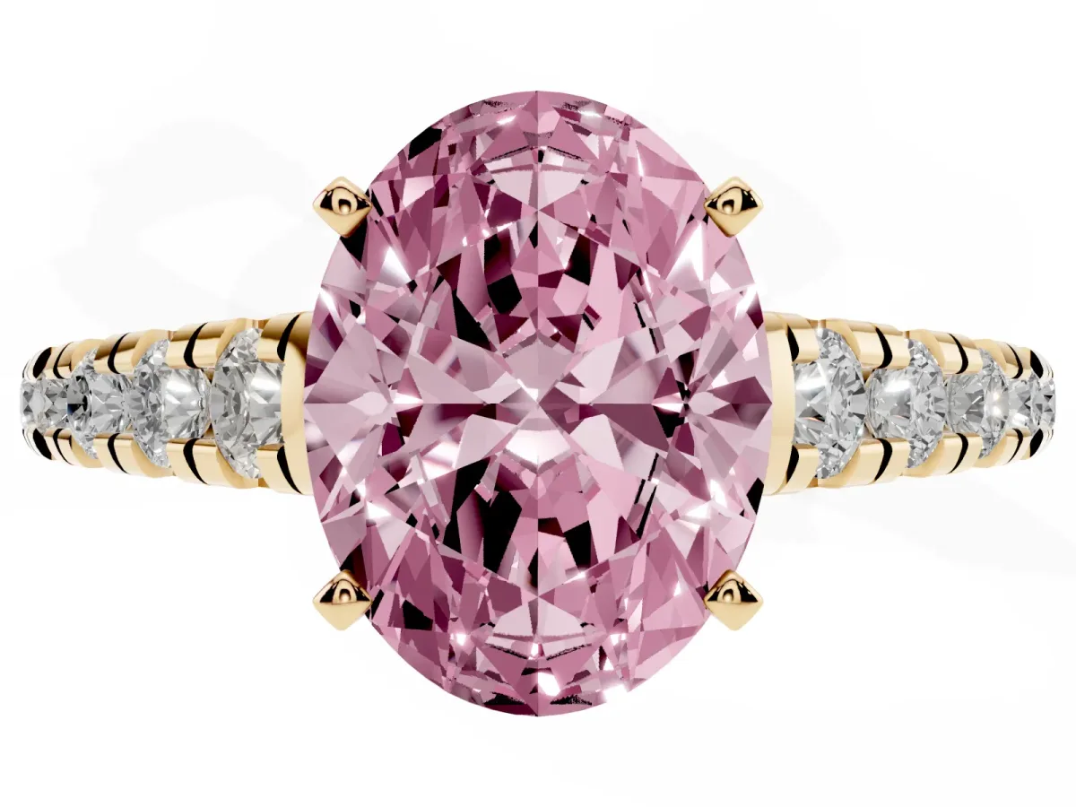 Fancy Pink Oval Cut Diamond Cathedral Solitaire Ring with Round Pavé Band Yellow gold