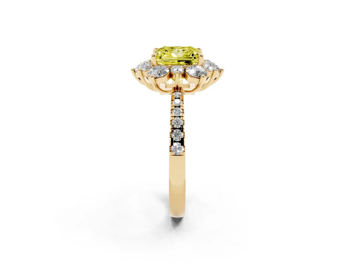 Fancy Yellow Princess Cut Diamond Floral Halo Ring with Round Pavé Band and Prong Setting Yellow gold