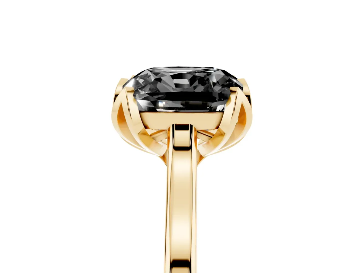 Fancy Black Cushion Cut Diamond Solitaire Ring with Flower Prong Setting and Classic Band Yellow gold