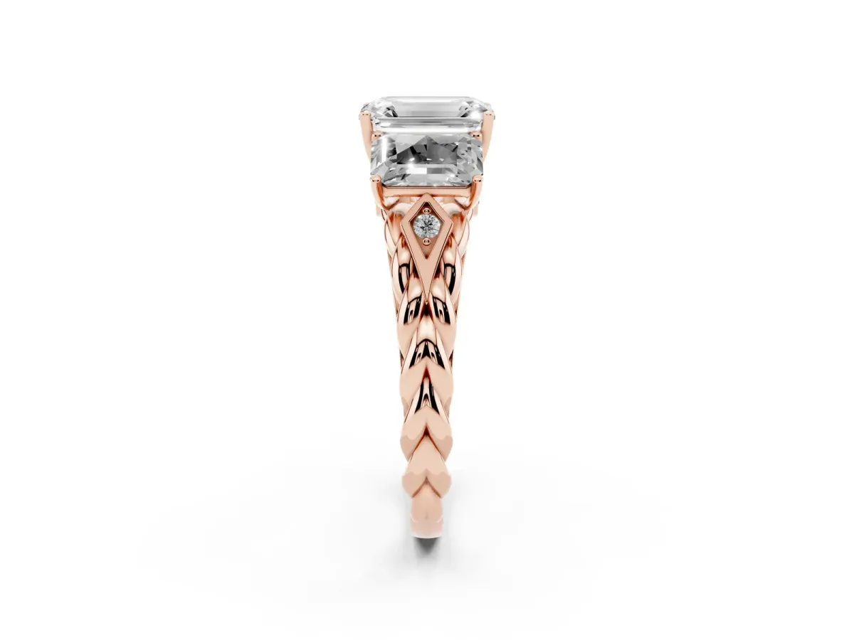Three-Stone Emerald Cut Diamond Braided Band Ring with Four-Prong Setting Rose gold