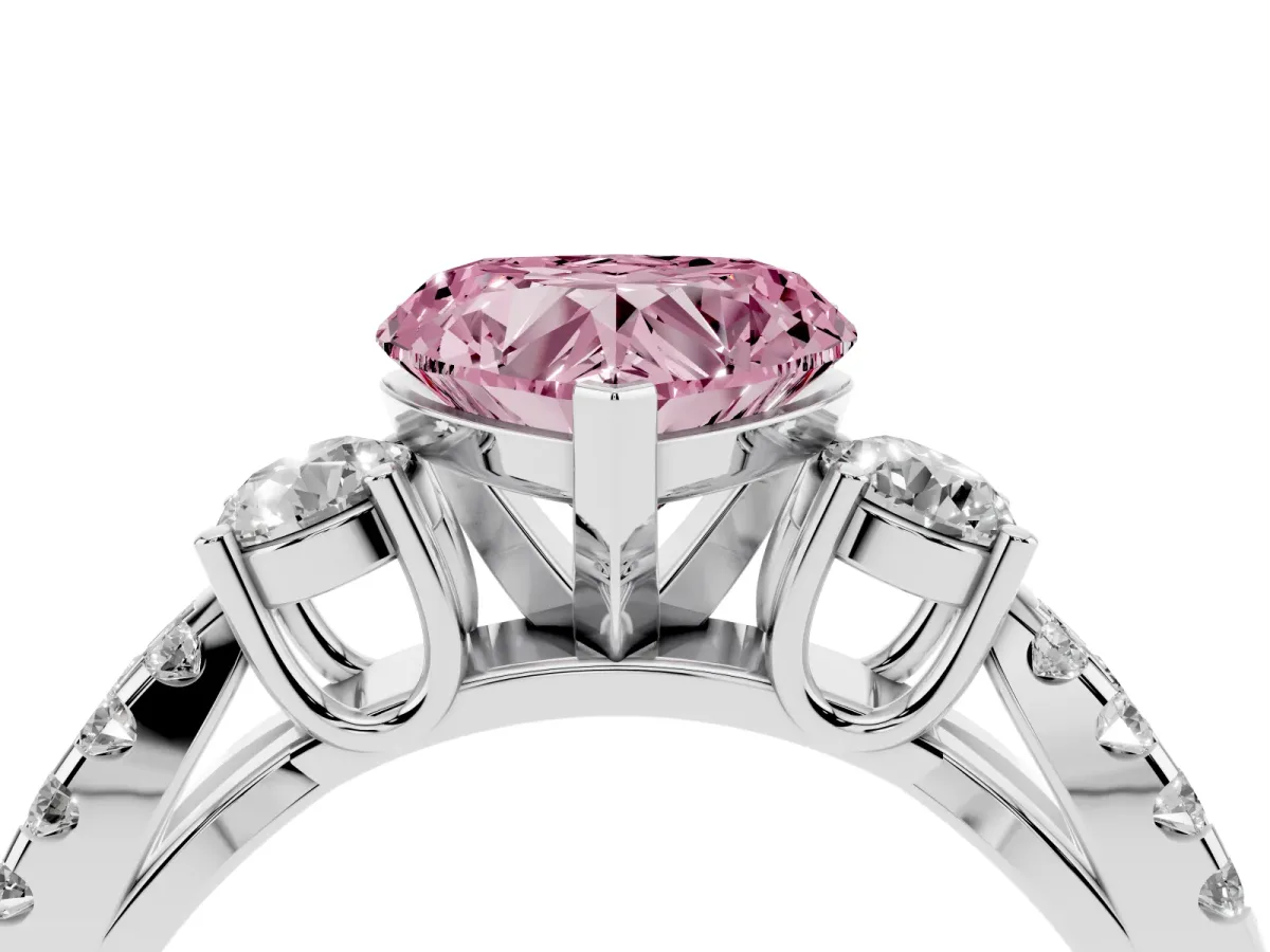 Fancy Pink Heart Cut Diamond Three-Stone Ring with Pavé Split Shank and Four-Prong Setting Platinum