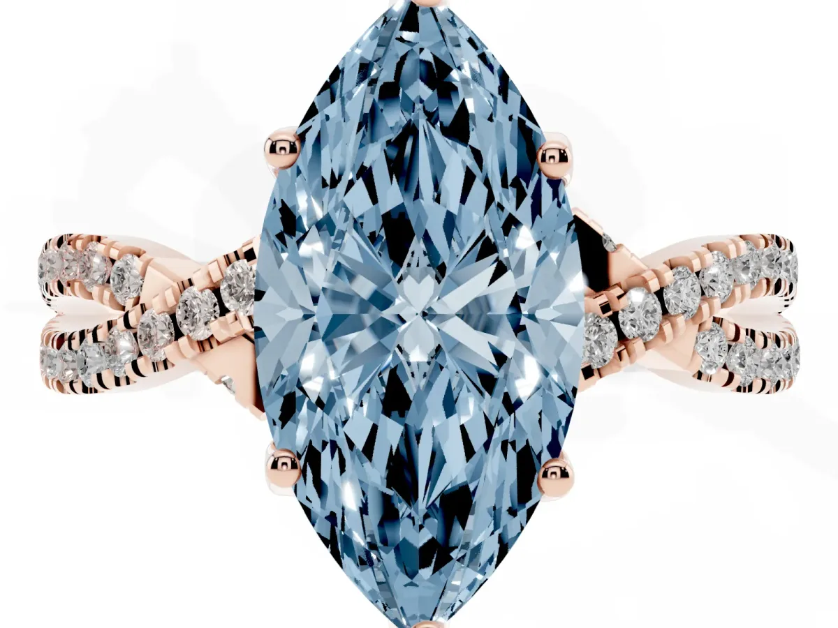 Fancy Blue Marquise Cut Solitaire Twist Pave Diamond Engagement Ring with Prong Setting Rose gold