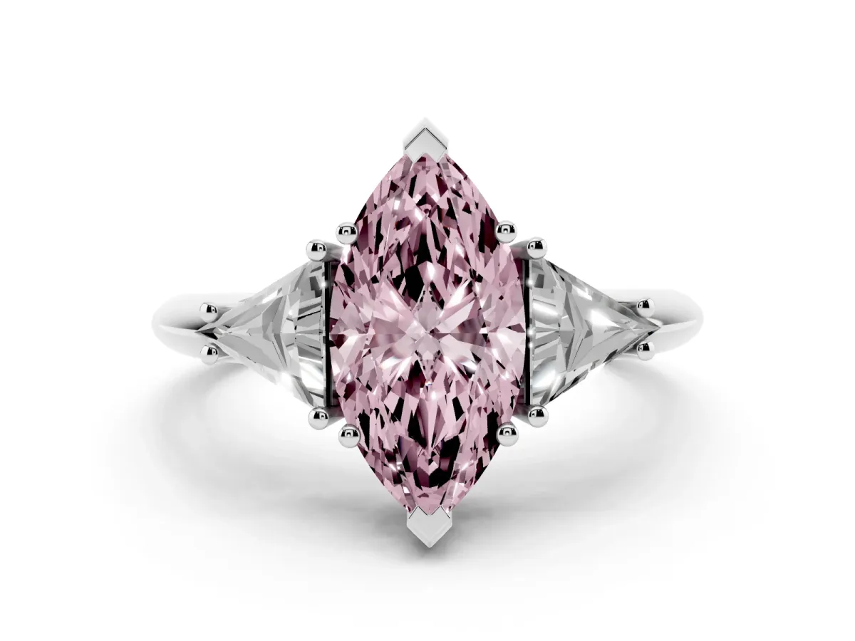 Fancy Pink Three-Stone Marquise Cut Diamond Engagement Ring with Trillion Side Stones and Prong Setting Silver