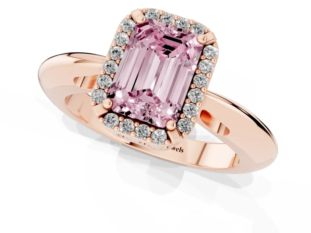 Fancy Pink Emerald Cut Cut Diamond Halo Engagement Ring with Split Shank and Four-Prong Setting Rose gold