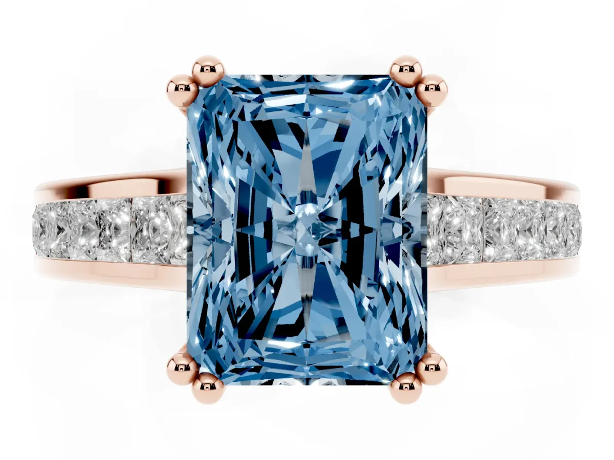 Fancy Blue Radiant Cut Cut Channel Set Solitaire Engagement Ring with Prong Setting Rose gold
