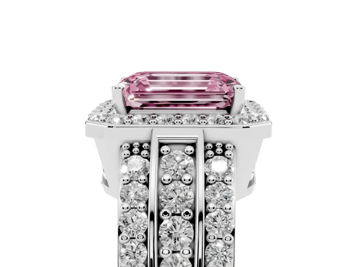 Fancy Pink Emerald Cut Halo Diamond Ring with Round Split Shank and Prong Setting White gold