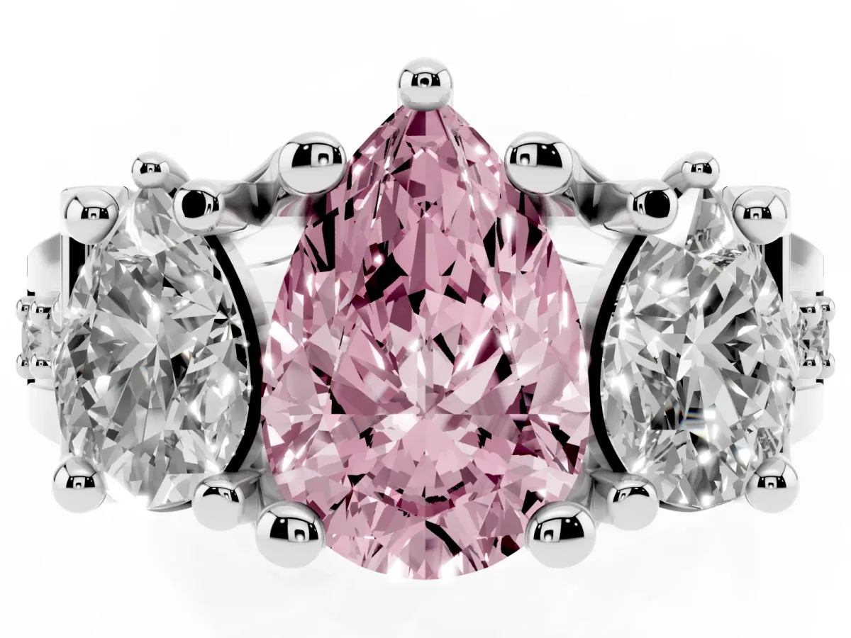 Fancy Pink Pear Cut Diamond Three-Stone Ring with Channel Set Band and Four-Prong Setting Silver
