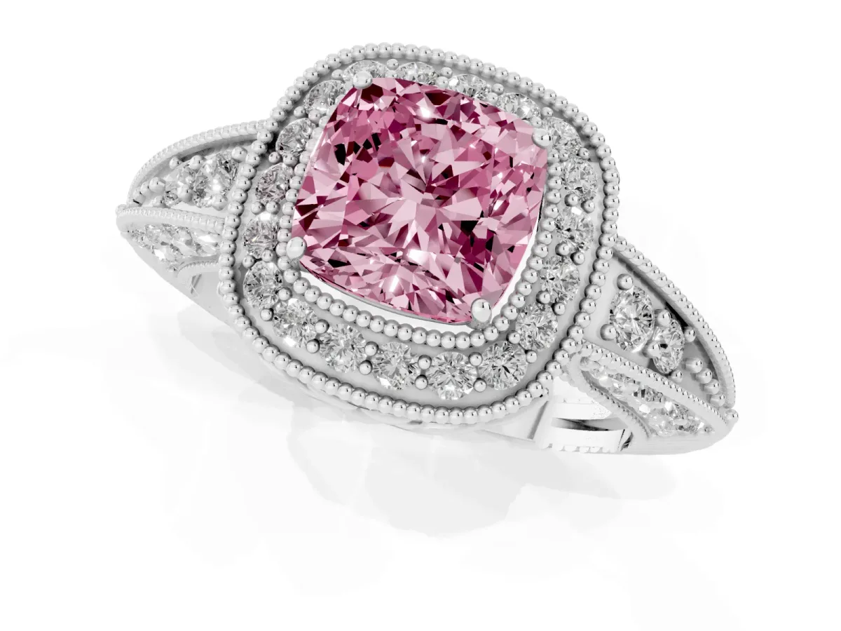 Fancy Pink Cushion Cut Halo Diamond Split Shank Ring with Milgrain Detail White gold