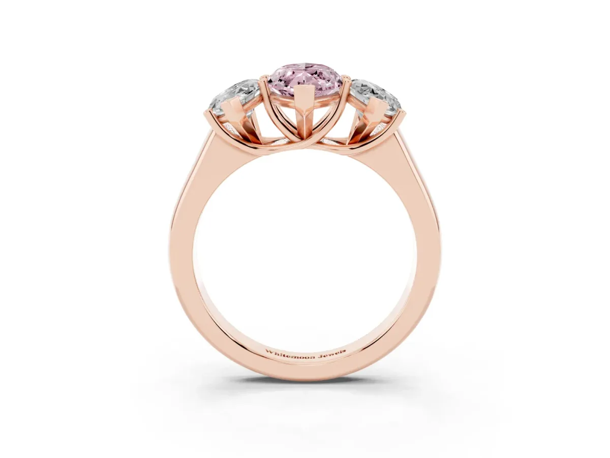 Fancy Pink Marquise Cut Three-Stone Diamond Ring with Prong Setting on a Classic Band Rose gold