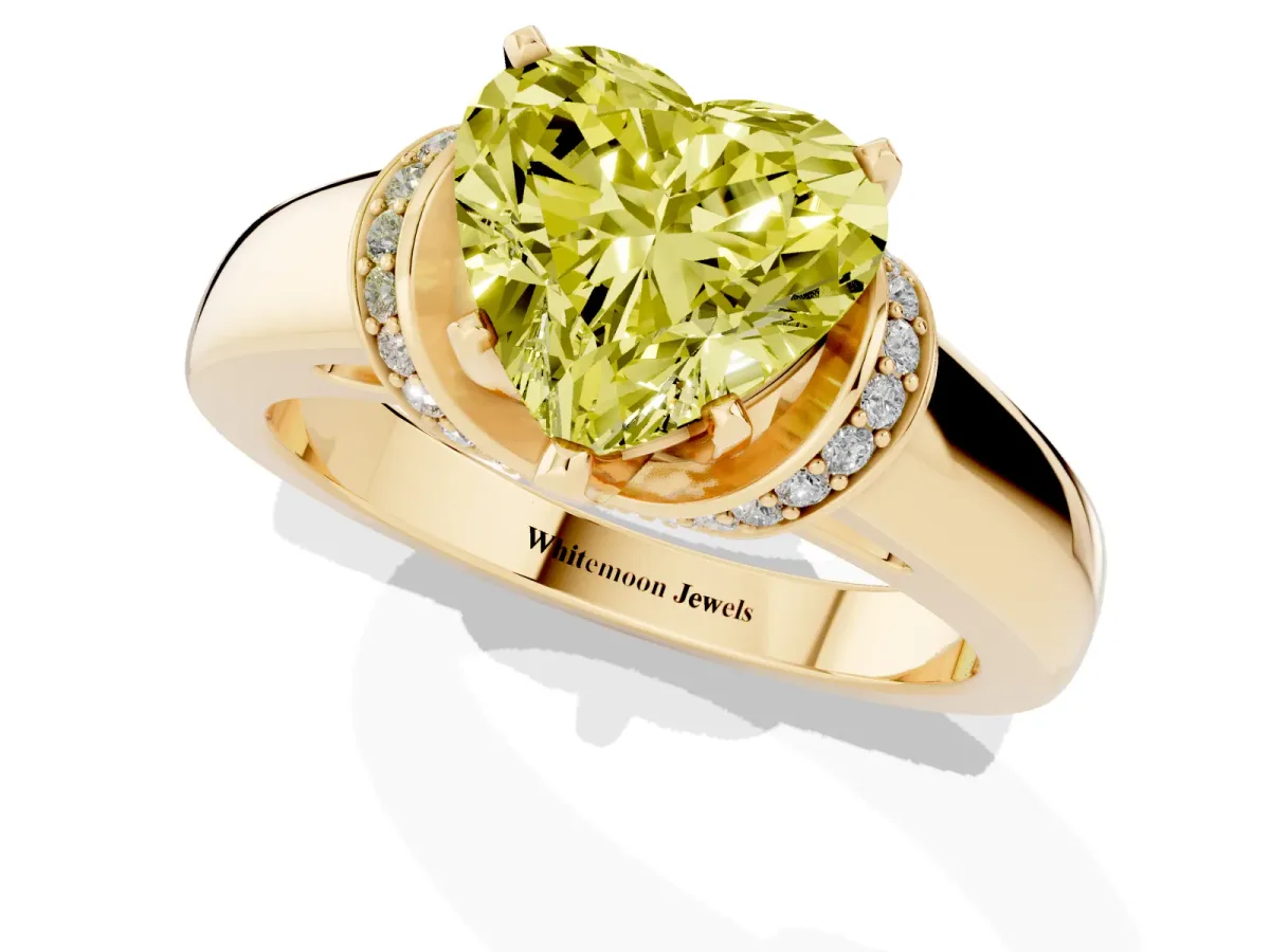 Fancy Yellow Heart Cut Solitaire Diamond Ring with Pave Band and Six-Prong Setting Yellow gold
