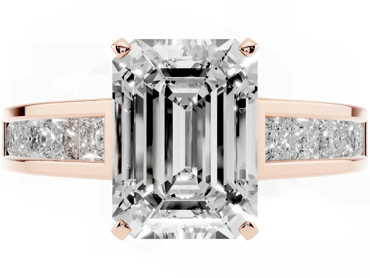 Emerald Cut Solitaire Diamond Ring with Channel-Set Band and Four-Prong Setting Rose gold