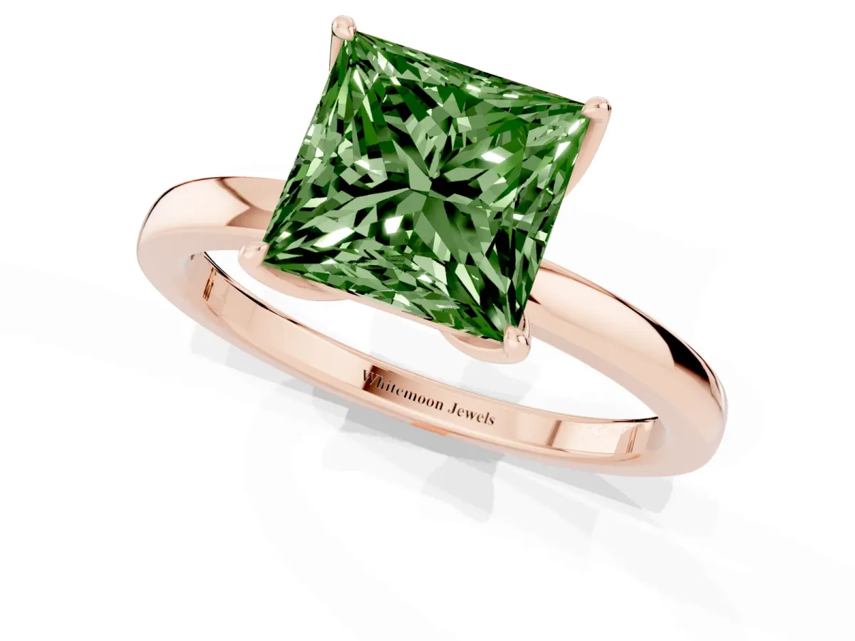 Fancy Green Princess Cut Diamond Solitaire Ring with Thin Band and Prong Setting Rose gold