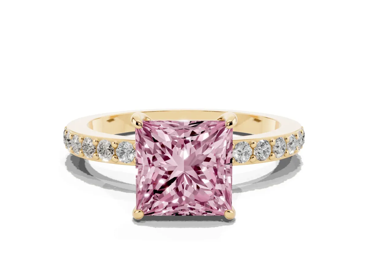 Fancy Pink Princess Cut Diamond Solitaire Engagement Ring with Pavé Band and Four-Prong Setting Yellow gold