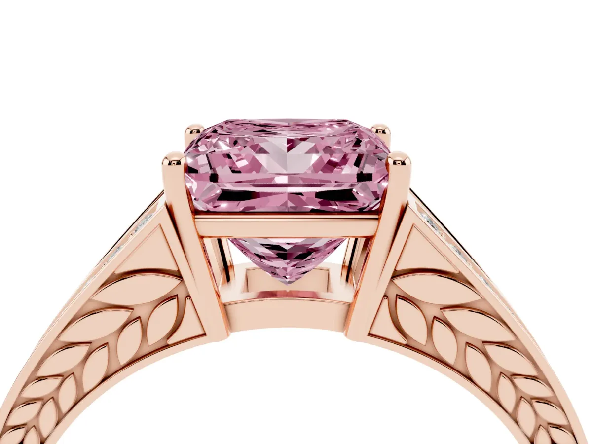 Fancy Pink Princess Cut Diamond Split Shank Ring with Pavé Band and Four-Prong Setting Rose gold