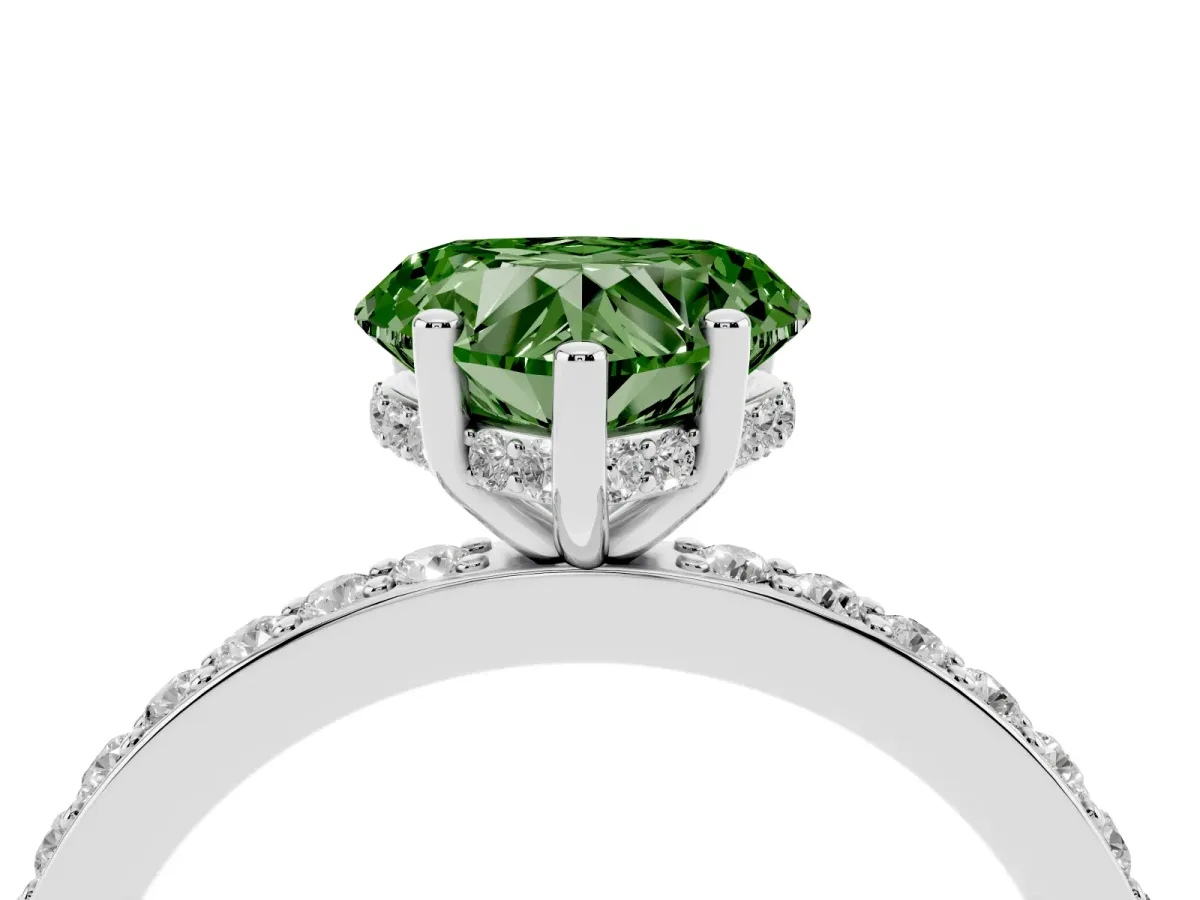 Fancy Green Heart Cut Cut Diamond Pavé Band Ring with Four-Prong Setting Silver