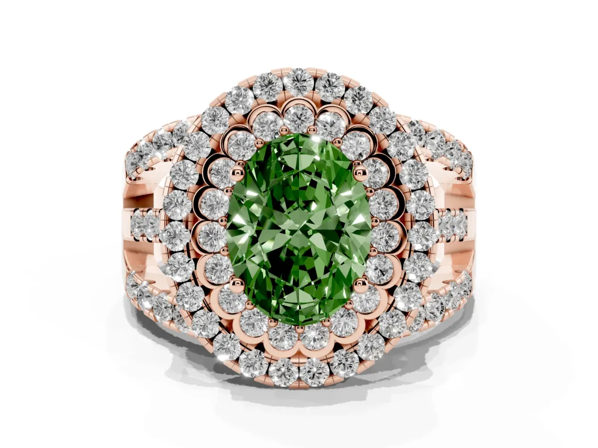 Fancy Green Oval Cut Diamond Double Halo Ring with Round Pavé Split Shank and Prong Setting Rose gold