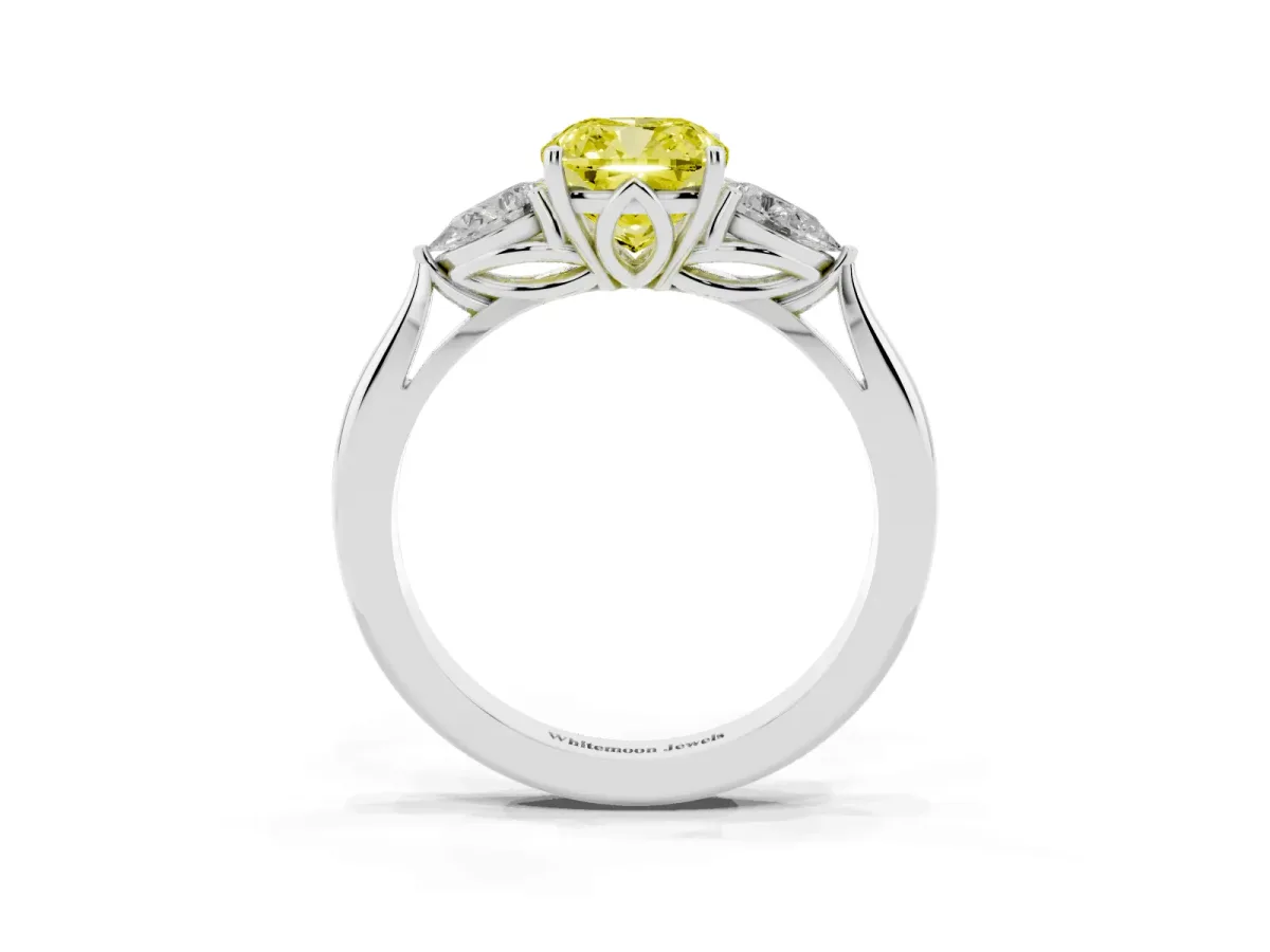 Fancy Yellow Three-Stone Cushion Cut Brilliant Diamond Solitaire Ring with Tapered Band and Four-Prong Setting Silver