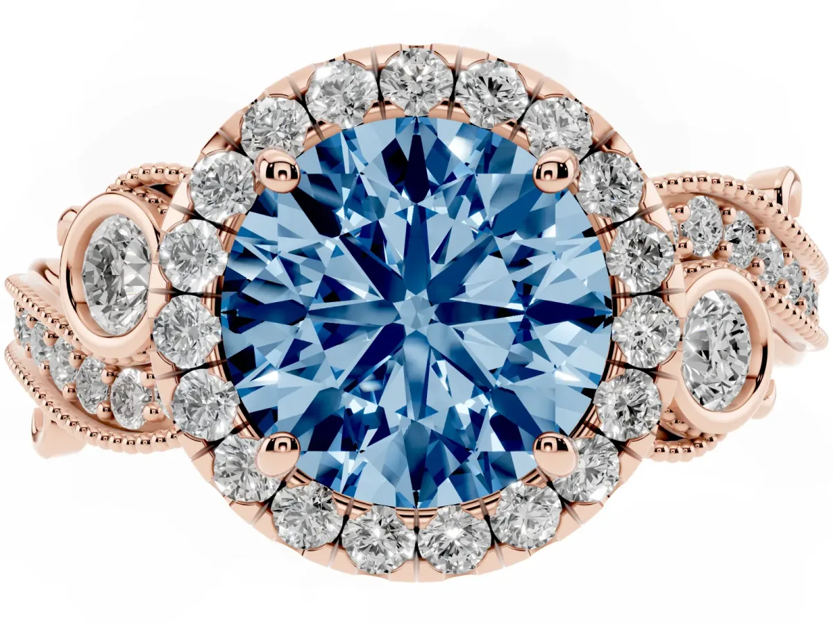 Fancy Blue Round Cut Diamond Halo Ring with Milgrain Pavé Band and Four-Prong Setting Rose gold