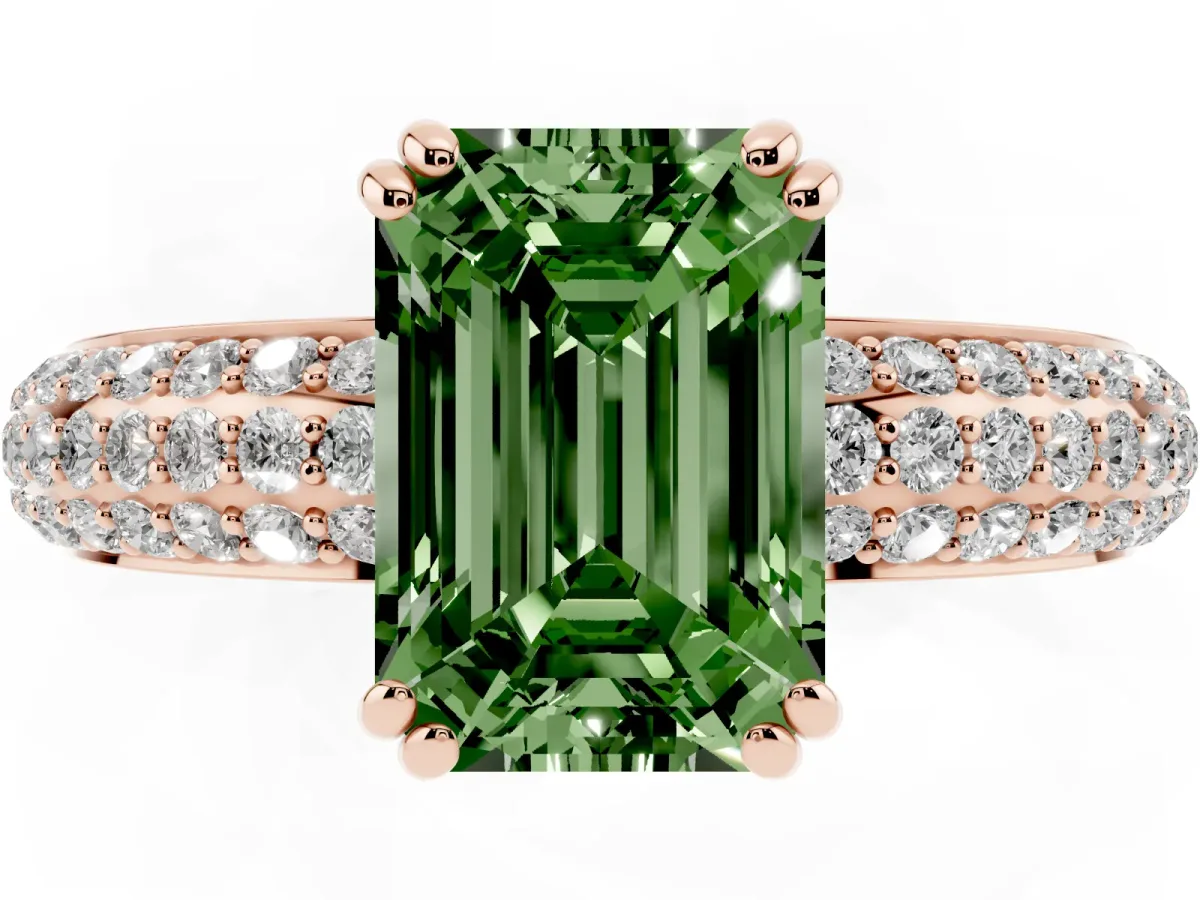 Fancy Green Emerald Cut Diamond Solitaire Ring with Multi-Row Round Pavé Band and Prong Setting Rose gold