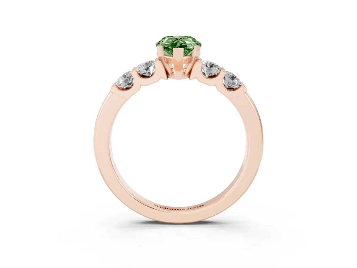 Fancy Green Pear Cut Brilliant Cut Diamond Five-Stone Prong Set Engagement Ring with Channel Band Rose gold