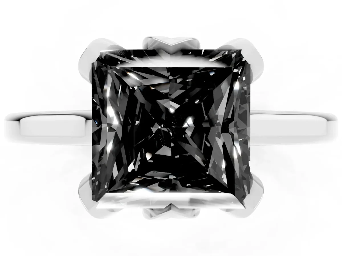 Fancy Black Princess Cut Diamond Solitaire Ring with Flower Prong Setting and Classic Band Silver