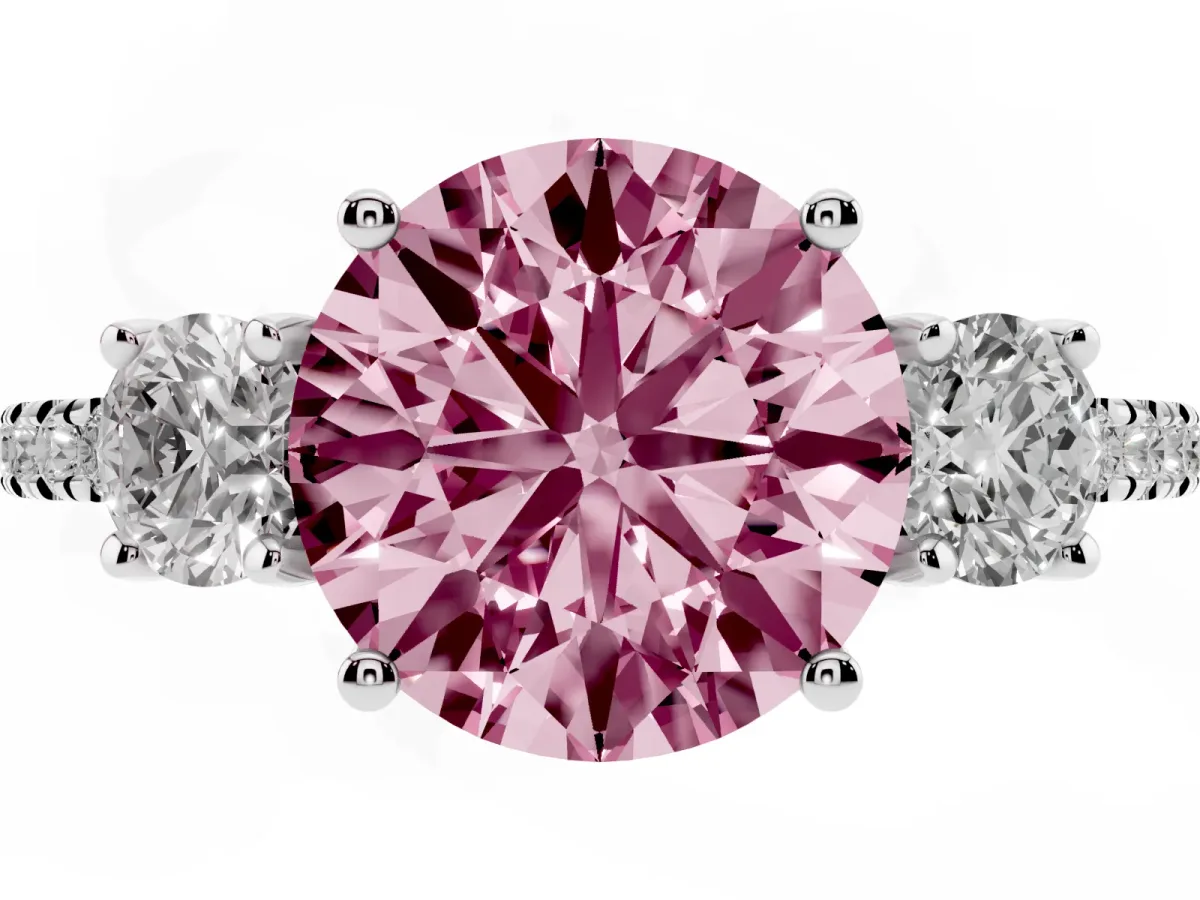 Fancy Pink Three-Stone Round Cut Cut Diamond Pavé Band with Prong Setting Silver
