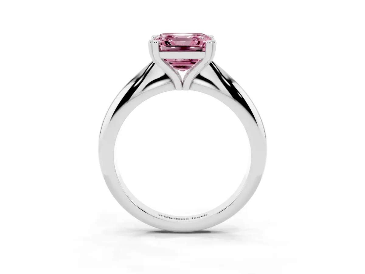 Fancy Pink Asscher Cut Cut Solitaire Engagement Ring with Tapered Band and Four-Prong Setting Platinum