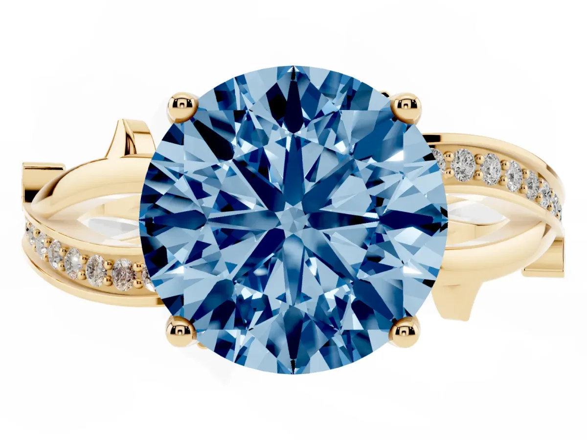 Fancy Blue Round Cut Solitaire Twist Band with Pavé Accents and Four-Prong Setting Yellow gold