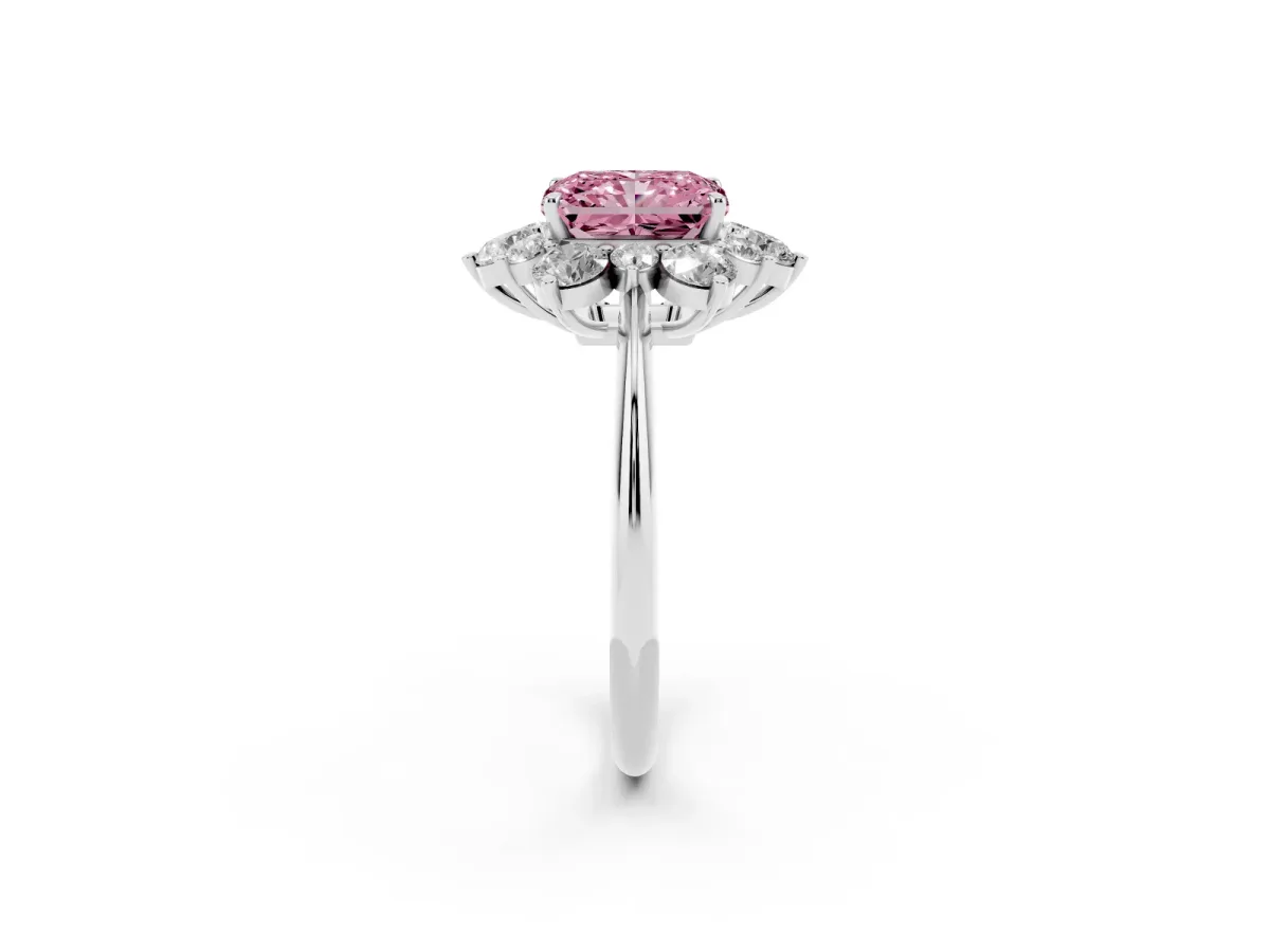 Fancy Pink Radiant Cut Diamond Cluster Halo Ring with Solitaire Band and Four-Prong Setting Silver