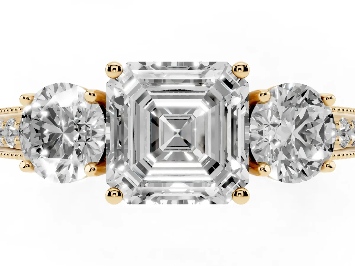 Asscher Cut Three-Stone Diamond Ring with Pavé Band and Four-Prong Setting Yellow gold