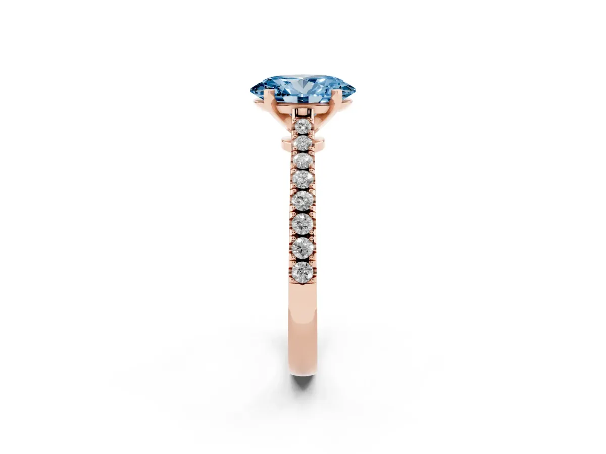 Fancy Blue Oval Cut Cut Solitaire Diamond Engagement Ring with Pave Band and Four-Prong Setting Rose gold