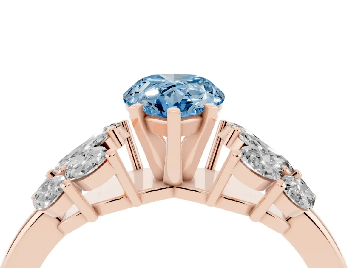 Fancy Blue Pear Cut Diamond Cluster Leaf Design Ring with Prong Setting Rose gold