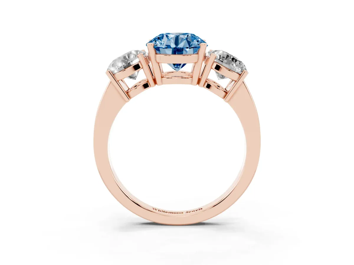 Fancy Blue Three-Stone Round Cut Cut Diamond Engagement Ring with Flat Band and Four-Prong Setting Rose gold