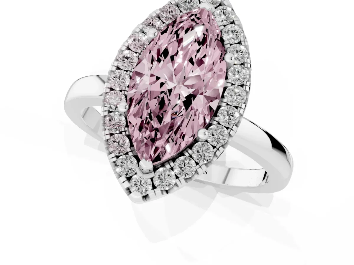Fancy Pink Marquise Cut Halo Diamond Solitaire with Pavé Band and Four-Prong Setting White gold