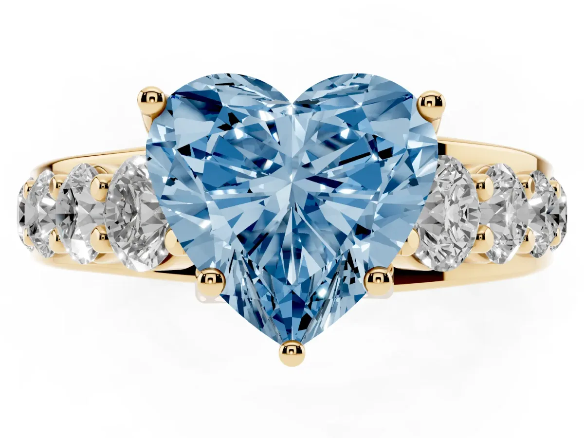 Fancy Blue Heart Cut Diamond Engagement Ring with Pavé Band and Four-Prong Setting Yellow gold