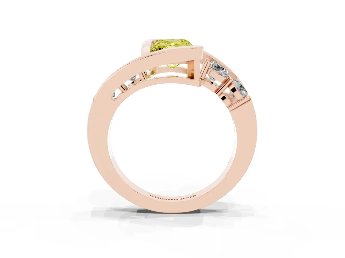 Fancy Yellow Bezel Set Radiant Cut Diamond Bypass Ring with Round Accents Rose gold