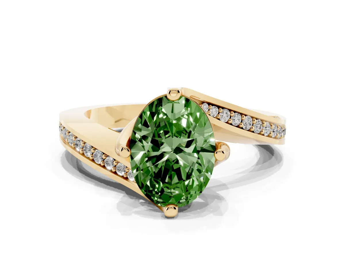 Fancy Green Oval Cut Solitaire Diamond Twist Band with Pavé Setting and Four-Prong Setting Yellow gold
