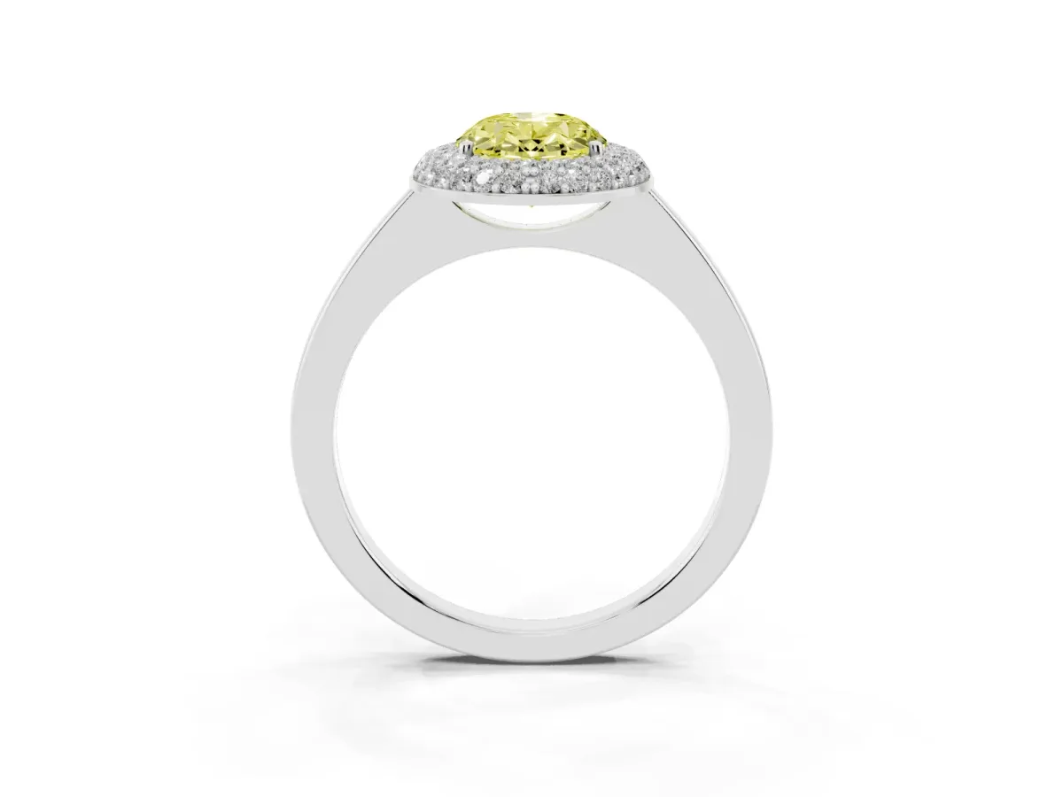 Fancy Yellow Oval Cut Halo Diamond Engagement Ring with Solitaire Band and Four-Prong Setting Platinum