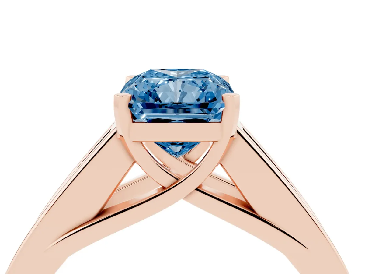 Fancy Blue Radiant Cut Cut Channel Set Solitaire Ring with Four-Prong Setting Rose gold