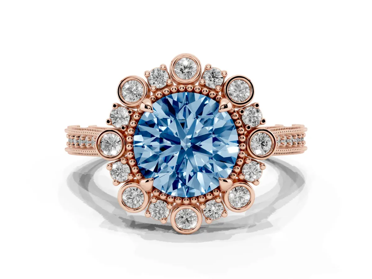 Fancy Blue Round Cut Halo Milgrain Pave Diamond Ring with Four-Prong Setting Rose gold