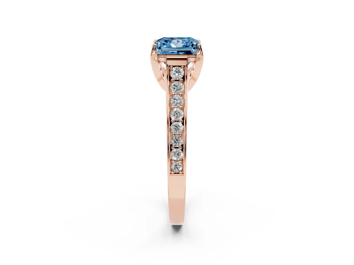 Fancy Blue Princess Cut Brilliant Cut Diamond Engagement Ring with Pavé Band and Four-Prong Setting Rose gold