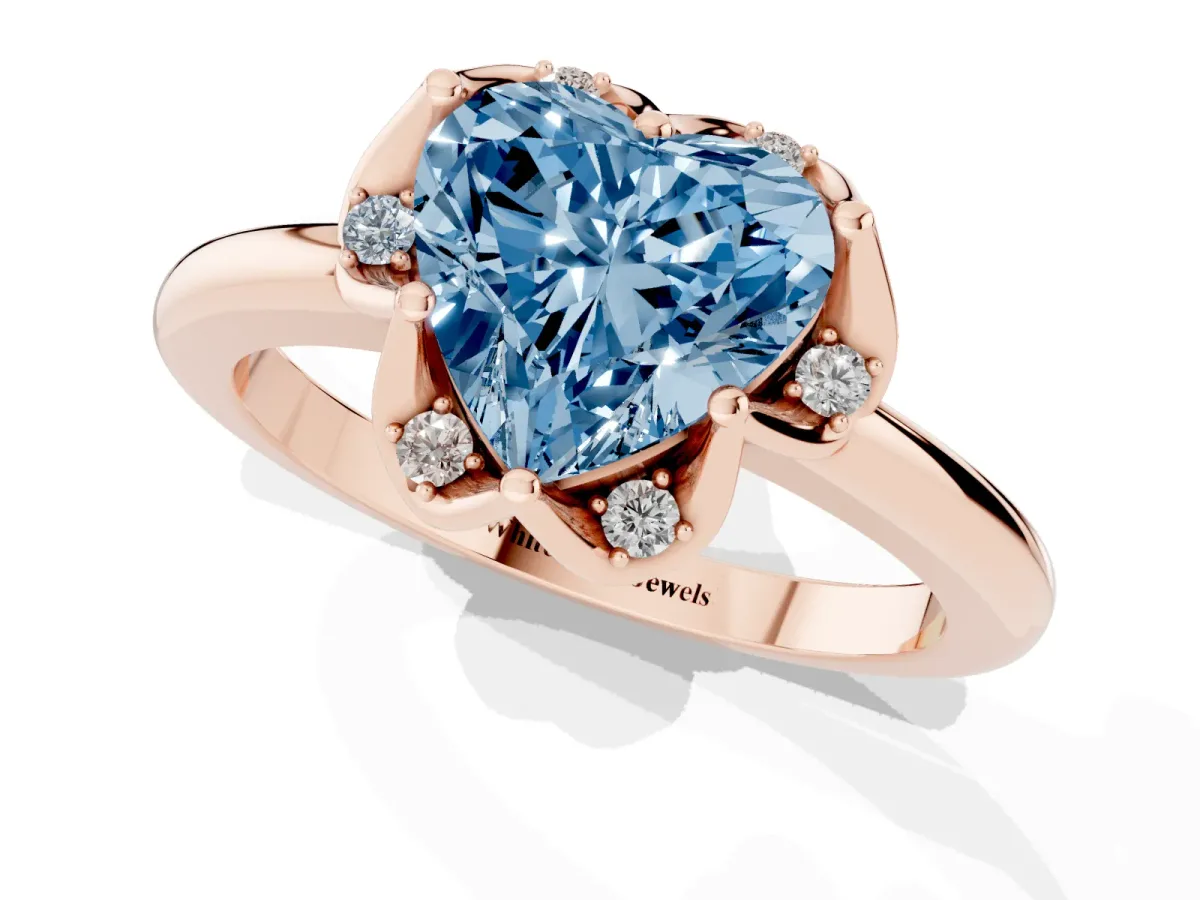 Fancy Blue Heart Cut Halo Diamond Ring with Round Cluster Setting, Solitaire Band, and Four-Prong Setting Rose gold
