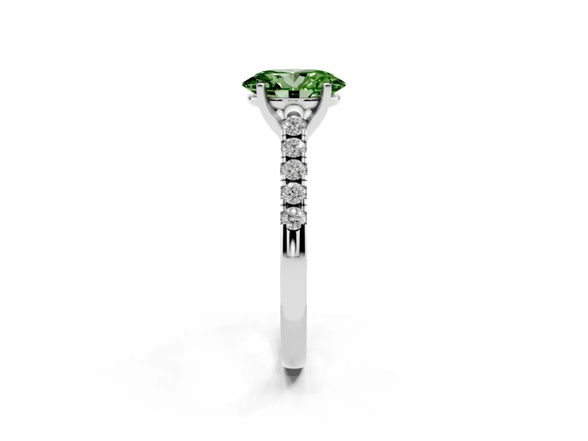 Fancy Green Oval Cut Diamond Pavé Band Solitaire Ring with Prong Setting Platinum