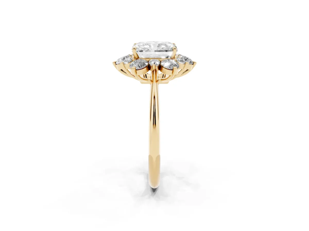 Radiant Cut Diamond Cluster Halo Ring with Solitaire Band and Four-Prong Setting Yellow gold
