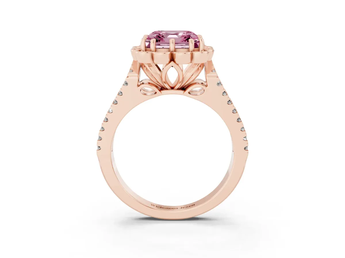 Fancy Pink Asscher Cut Halo Diamond Floral Split Shank Engagement Ring Rose gold