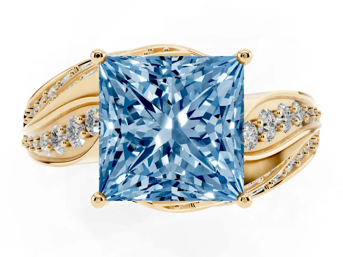 Fancy Blue Princess Cut Diamond Solitaire Ring with Prong Setting and Twisted Pavé Band Yellow gold