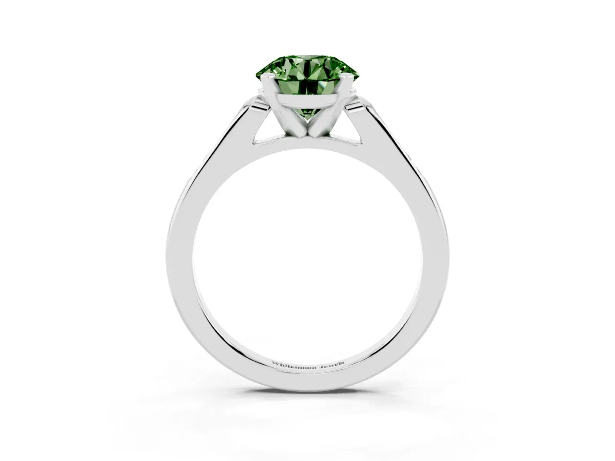 Fancy Green Round Cut Diamond Solitaire Ring with Channel Set Round Band and Prong Setting Silver