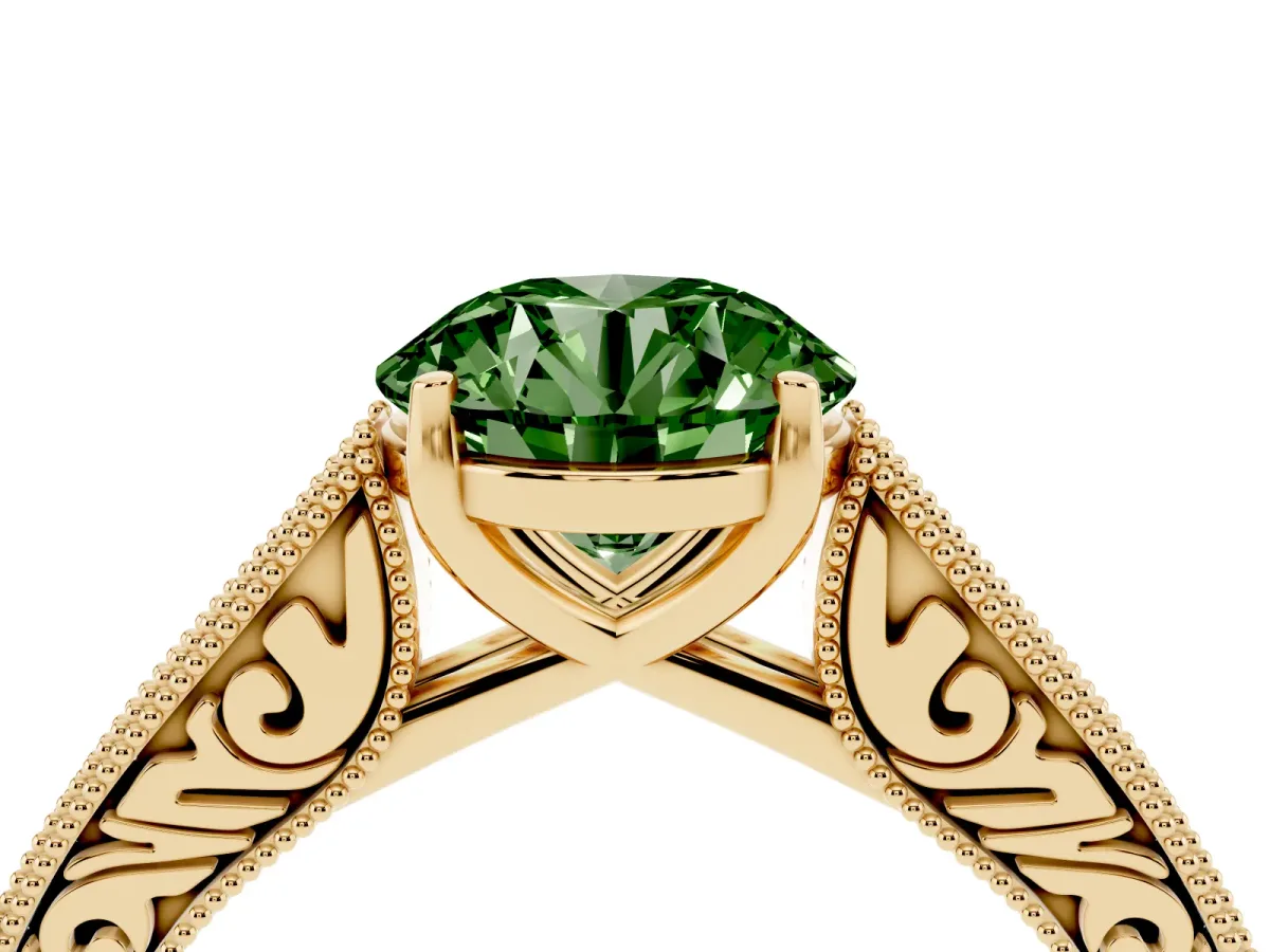 Fancy Green Round Cut Cut Pave Band Milgrain Solitaire Ring Yellow gold